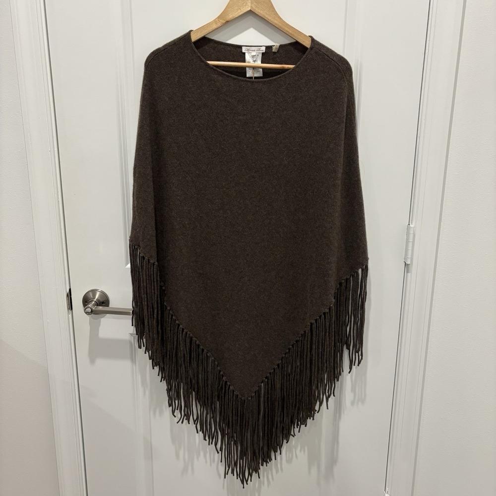 Minnie Rose Brown Cashmere Fringe Triangle Poncho O/S NWT